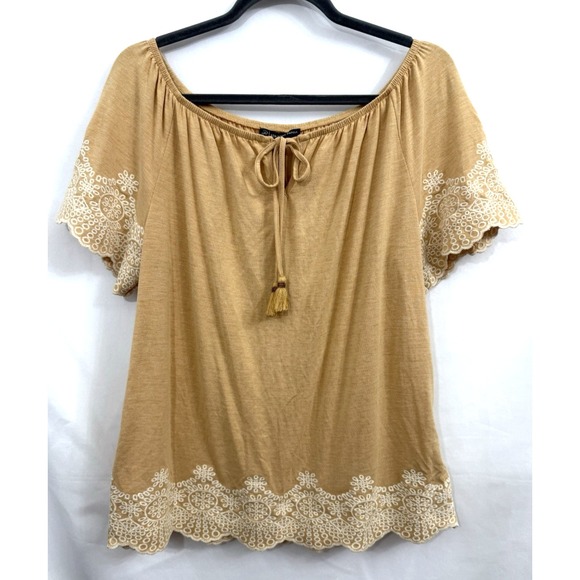Adrianna Papell Tops - NWT Adrianna Papell Beige Tie Neck Embroidered Hem Top Blouse Womens Size S